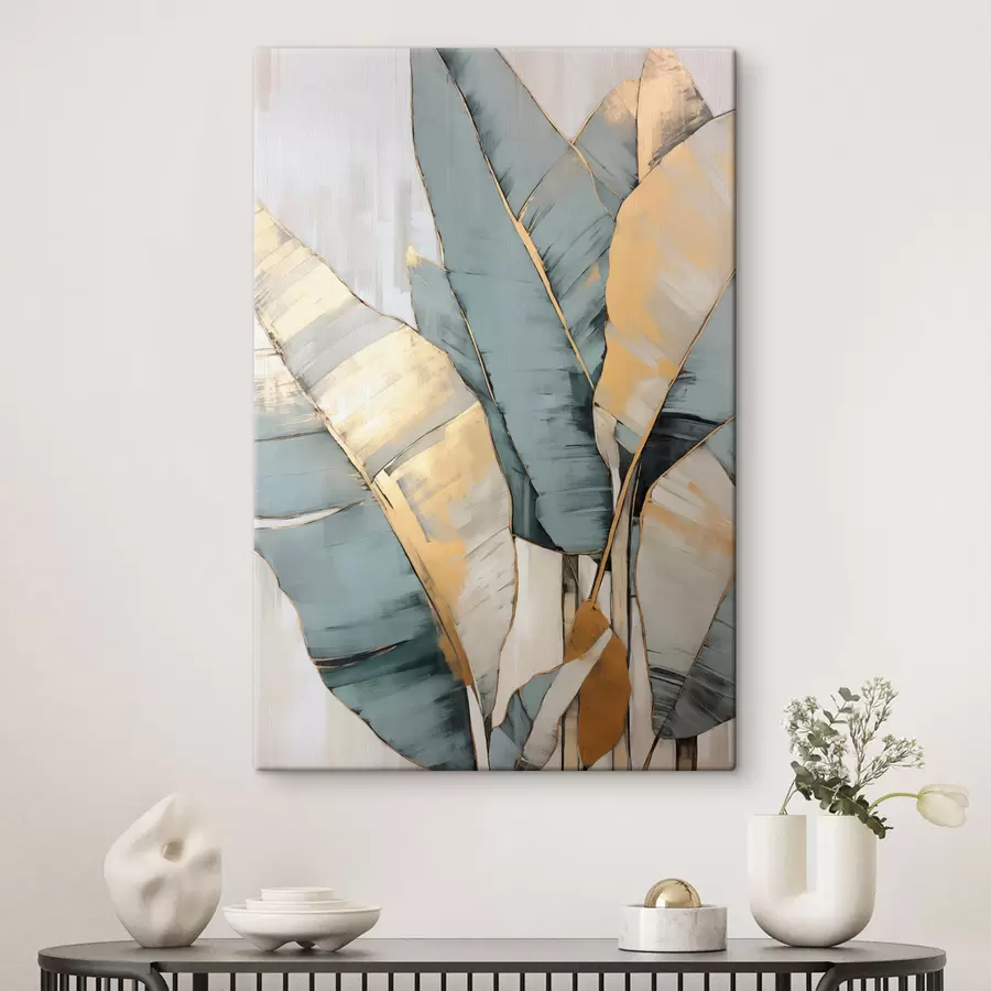 Glezna Mutuļojošas zilas, pelēkas un dzeltenas banānu lapas ar redzamiem triepieniem ar otu baltā abstraktā fonā s45552