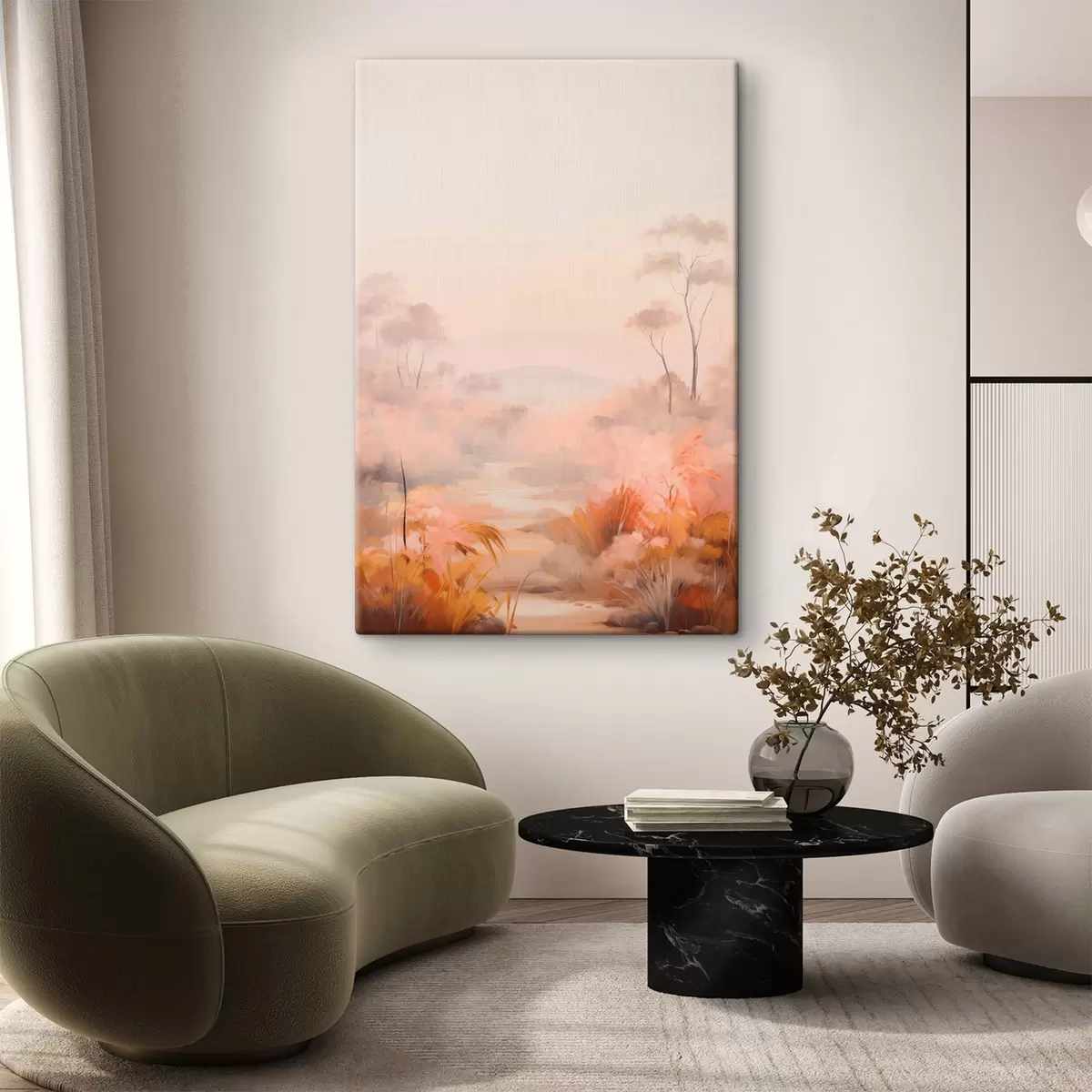 Glezna Ainava ar krūmiem un kokiem rozā, oranžā un brūnā krāsā ar kalniem fonā s45553