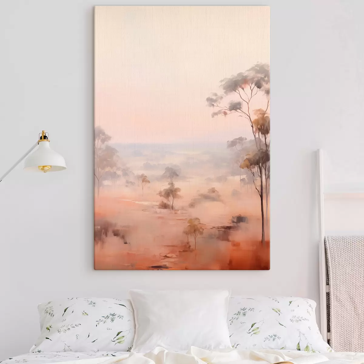 Glezna Ainava ar krūmiem un kokiem pasteļtoņos rozā, oranžā un brūnā krāsā ar kalniem fonā s45554