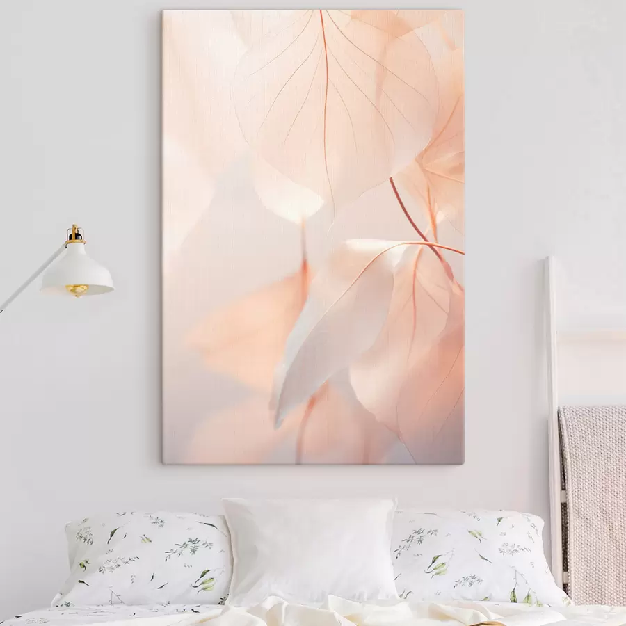 Glezna Puscaurspīdīgu lapu tuvplāns ar maigām dzīslām, maiga persiku un balta krāsu palete, neskaidrs fons s45556