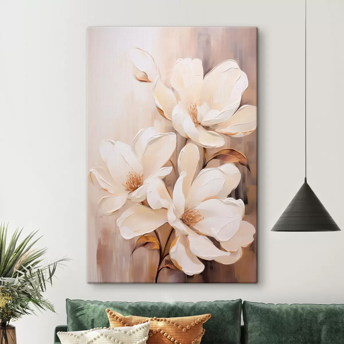 Glezna Balti magnolijas ziedi uz mīksta, izplūduša bēša un brūna toņu fona, eleganta ziedu kompozīcija s45571