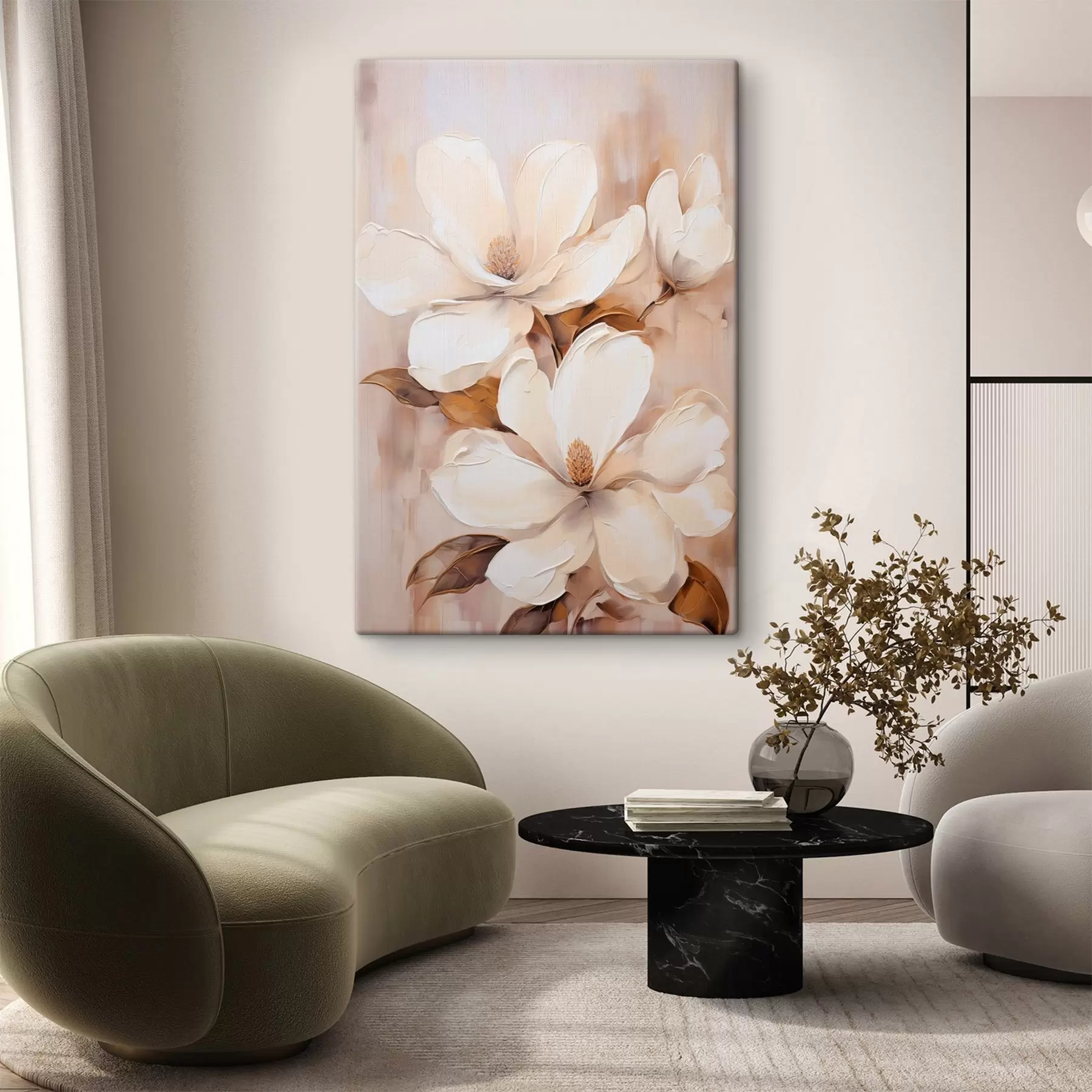 Glezna Balti magnolijas ziedi uz mīksta, izplūduša bēša un brūna toņu fona, glezniecības stilā s45572