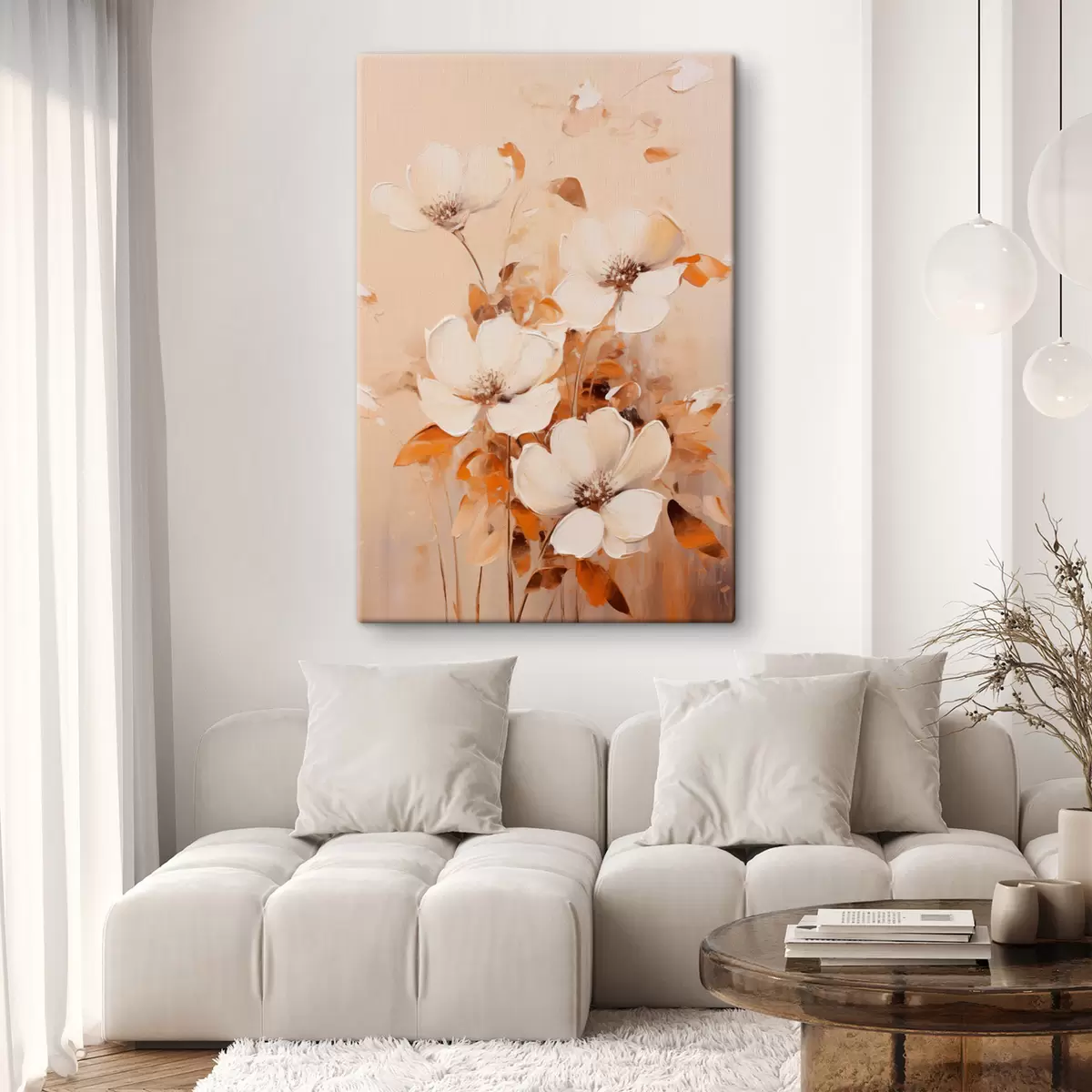 Glezna Balti ziedi ar oranžām lapām, maigi triepieni, silta krāsu palete, eleganta kompozīcija s45573