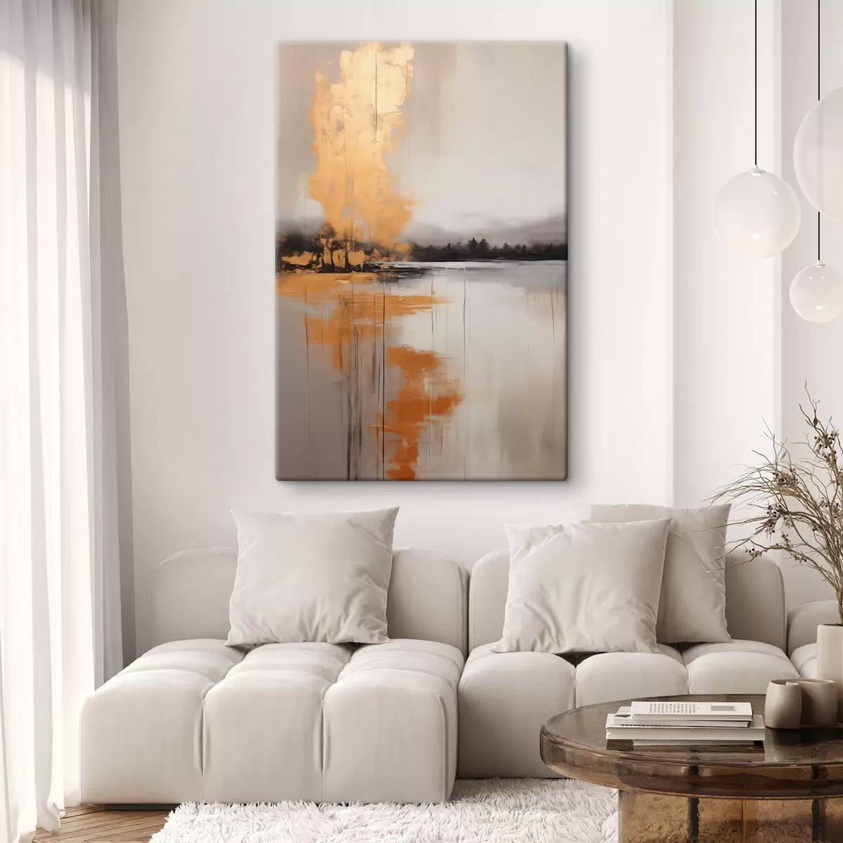 Glezna Abstrakta ainava ar ezeru, koku un dzeltenu miglu , ūdens atspoguļo un mākoņainas debesis s45575