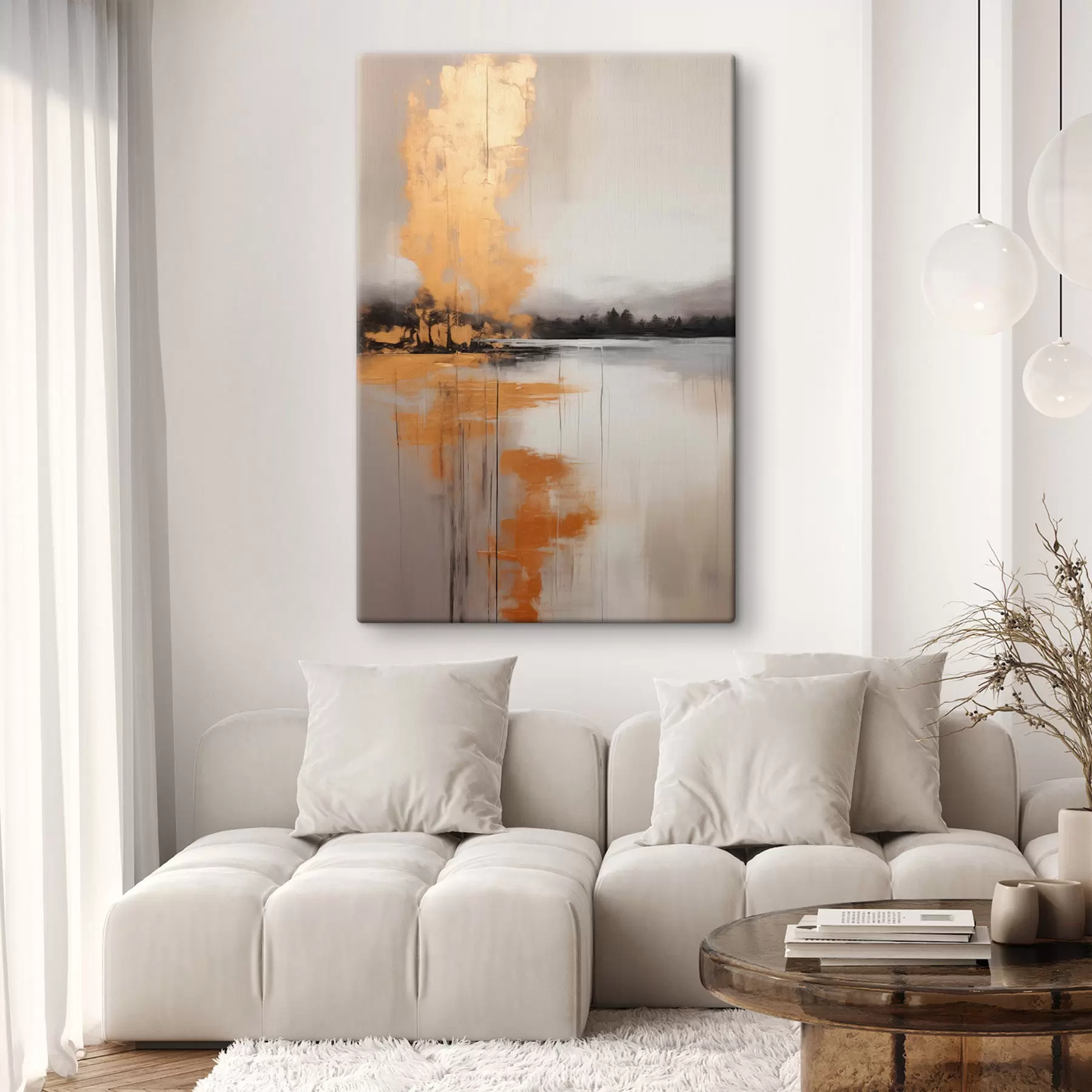 Glezna Abstrakta ainava ar ezeru, koku un dzeltenu miglu , ūdens atspoguļo un mākoņainas debesis s45575