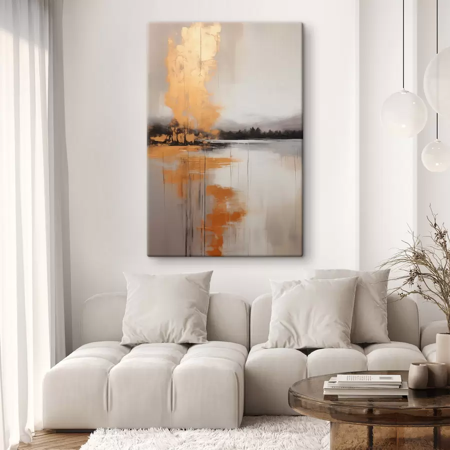 Glezna Abstrakta ainava ar ezeru, koku un dzeltenu miglu , ūdens atspoguļo un mākoņainas debesis s45575
