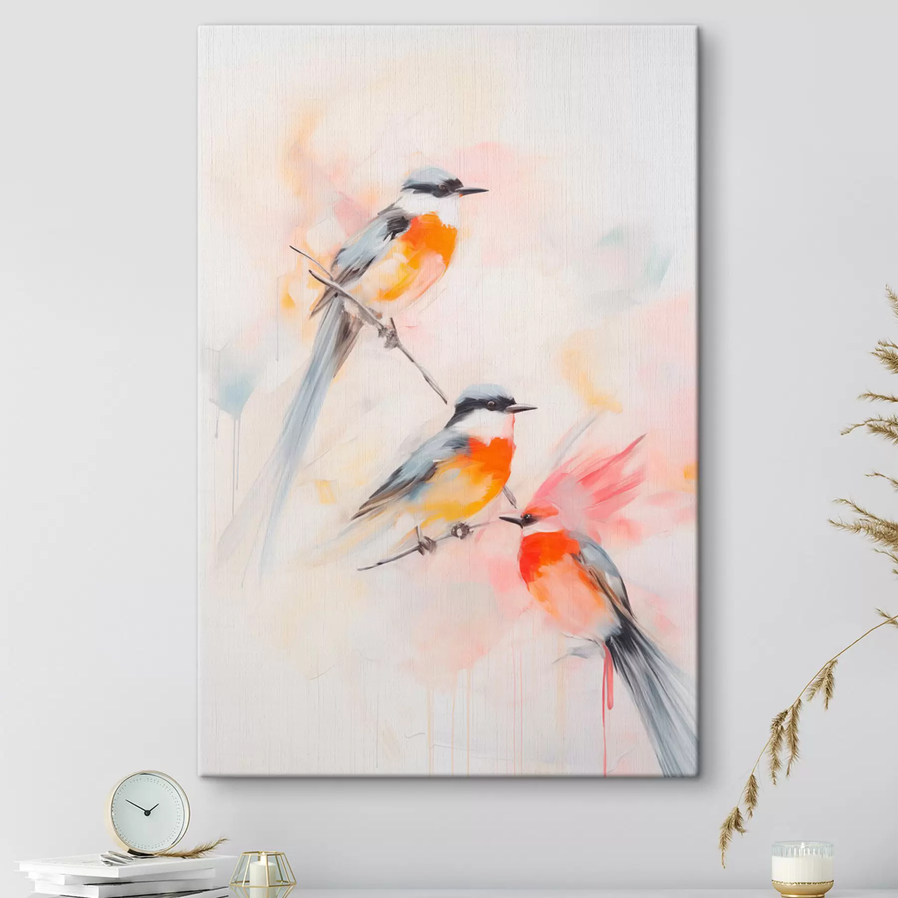 Glezna Putni, kas sēž uz zariem , maigas pasteļtoņi, gaišs fons ar rozā un baltiem toņiem s45577