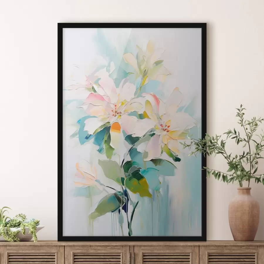 Fototapetes Ziedi ar krāsainiem akcentiem, zaļas lapas, mīksti triepieni ar otu, eļļas glezna imitācija, gaiši zils fons f45549