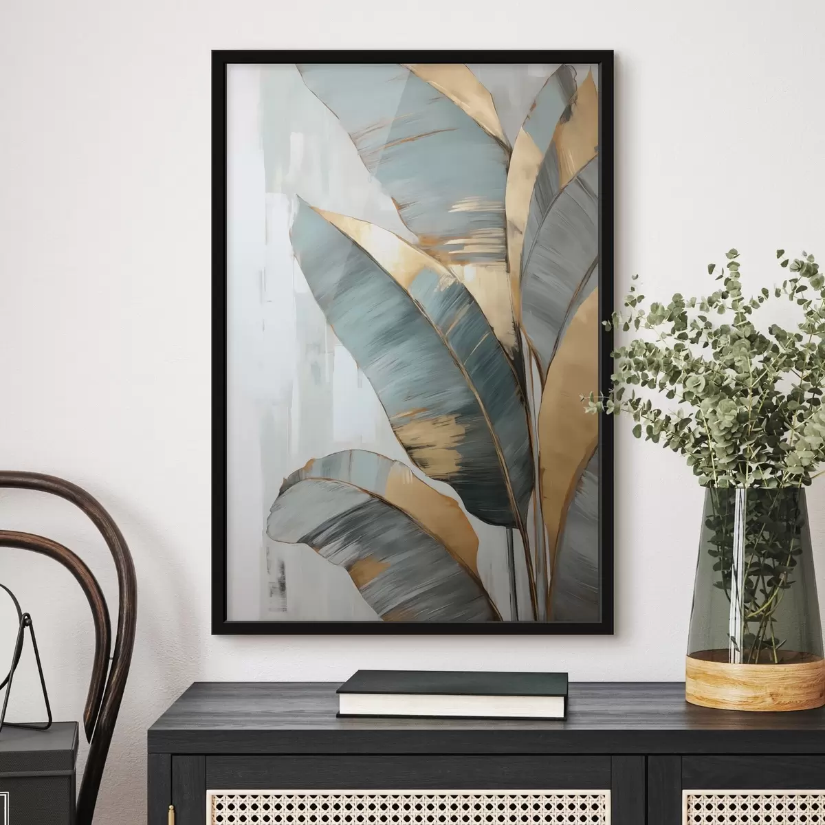 Plakāts Matu zilu, pelēku un dzeltenu banānu lapu komplekts ar redzamiem triepieniem ar otu baltā abstraktā fonā f45551