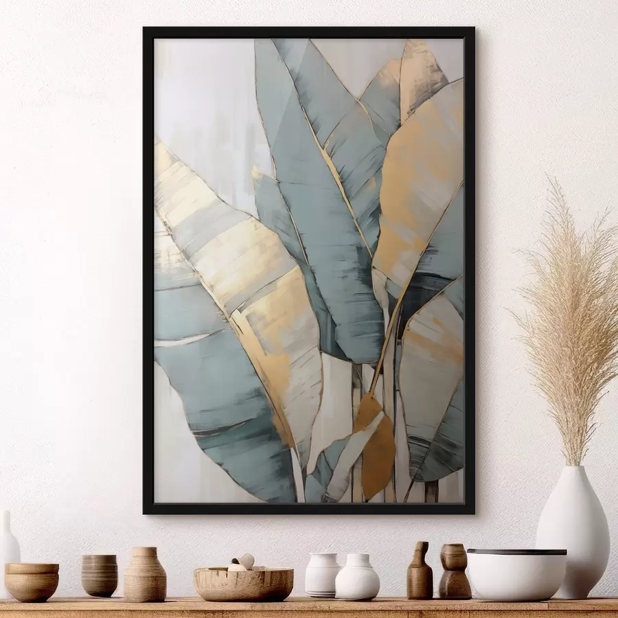 Fototapetes Mutuļojošas zilas, pelēkas un dzeltenas banānu lapas ar redzamiem triepieniem ar otu baltā abstraktā fonā f45552