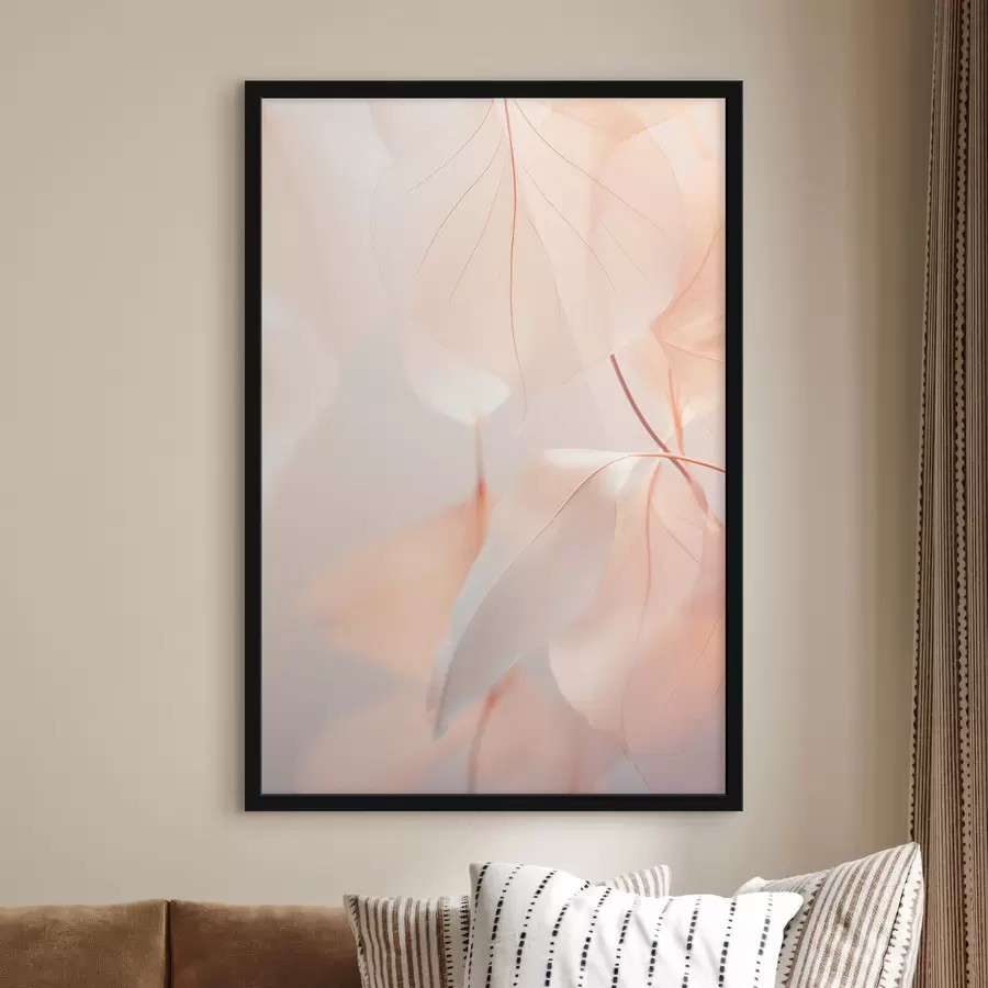 Fototapetes Puscaurspīdīgu lapu tuvplāns ar maigām dzīslām, maiga persiku un balta krāsu palete, neskaidrs fons f45556