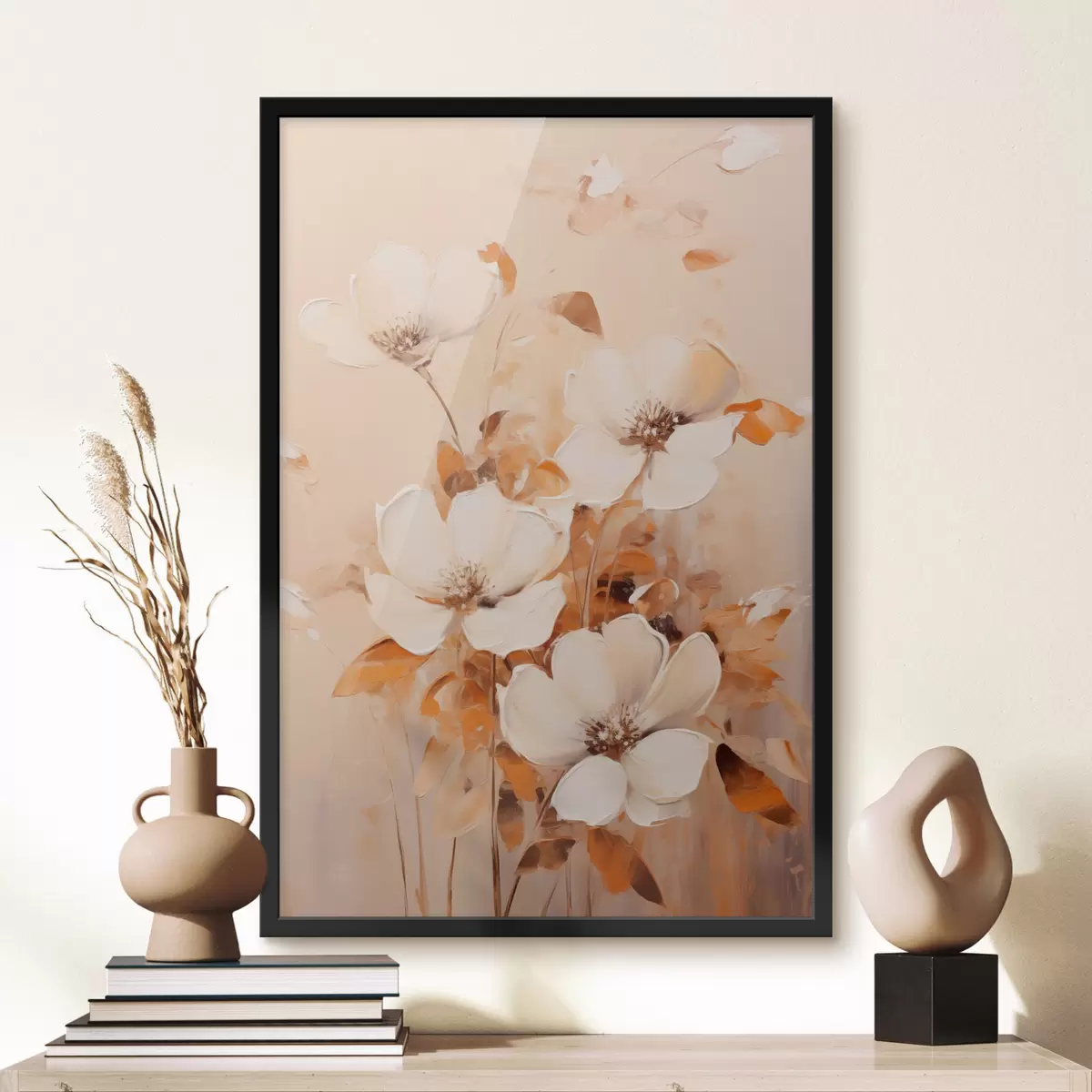 Plakāts Balti ziedi ar oranžām lapām, maigi triepieni, silta krāsu palete, eleganta kompozīcija f45573