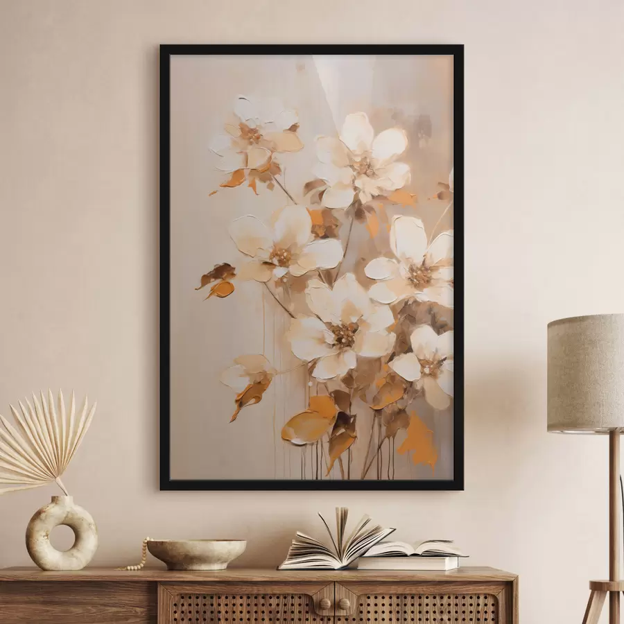 Fototapetes Balti ziedi ar oranžām lapām, maigi triepieni, ziedu kompozīcija, botāniskā māksla f45574