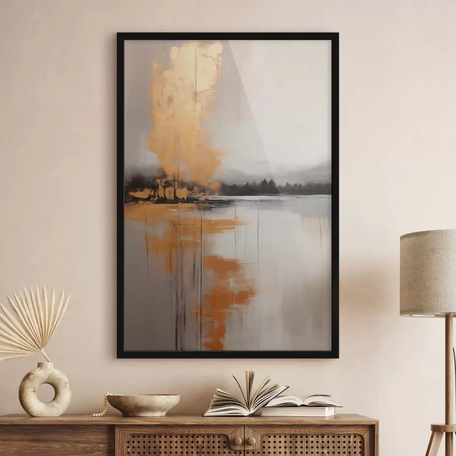 Fototapetes Abstrakta ainava ar ezeru, koku un dzeltenu miglu , ūdens atspoguļo un mākoņainas debesis f45575