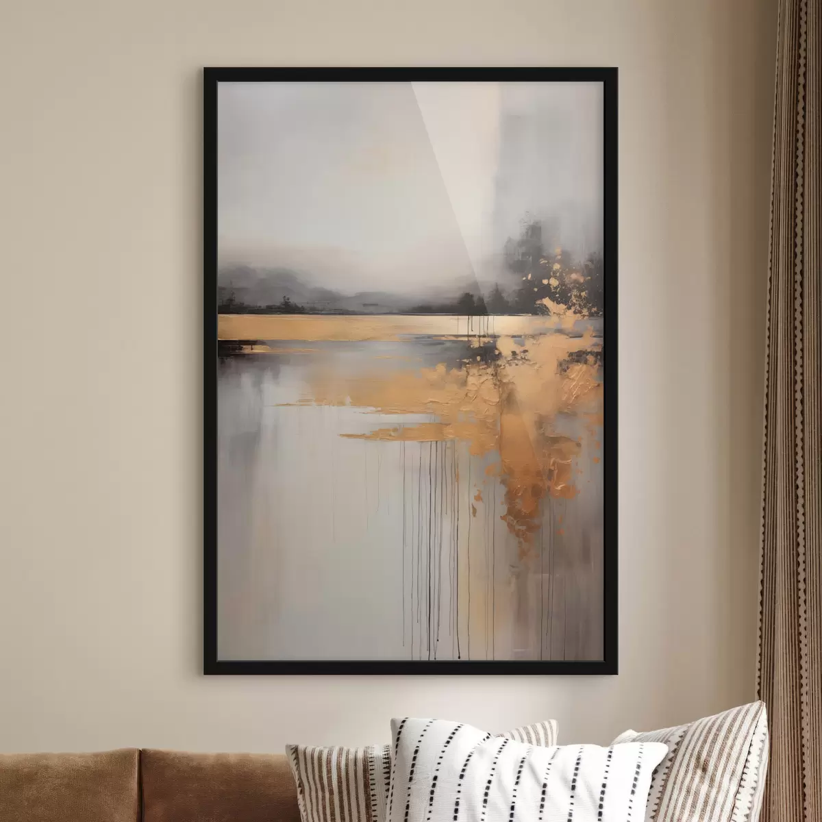 Plakāts Abstrakta fakturēta ainava ar upi un tumšiem kokiem fonā, debesis ir mākoņainas f45576