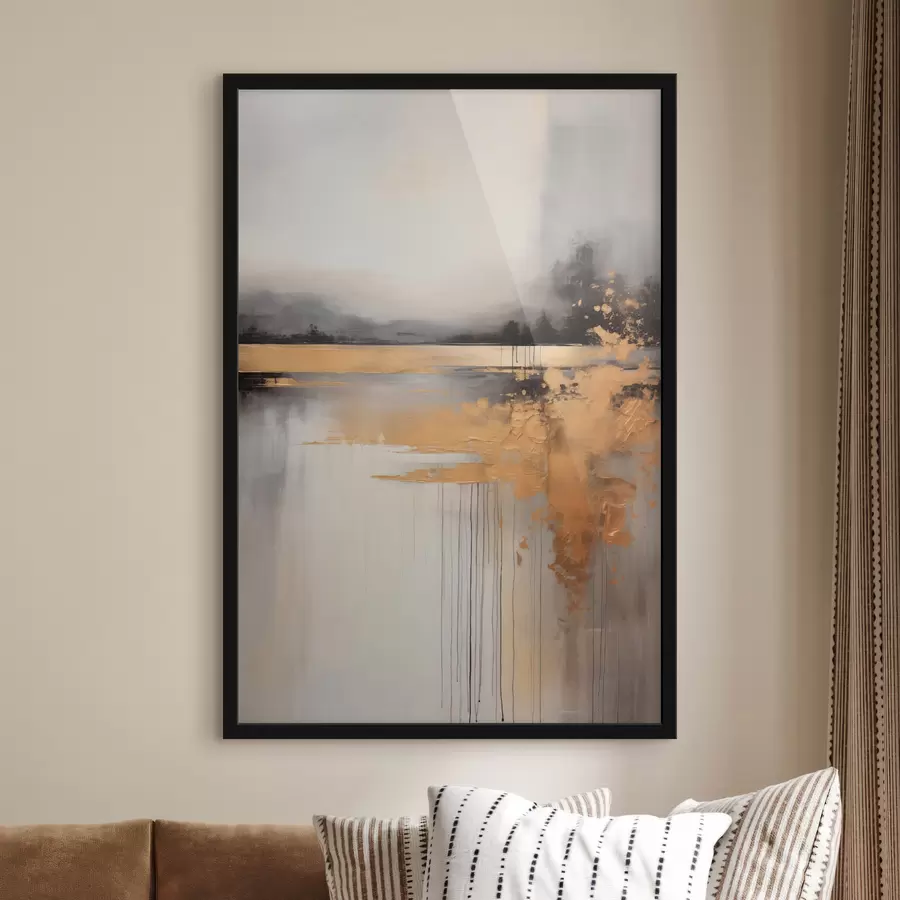 Fototapetes Abstrakta fakturēta ainava ar upi un tumšiem kokiem fonā, debesis ir mākoņainas f45576