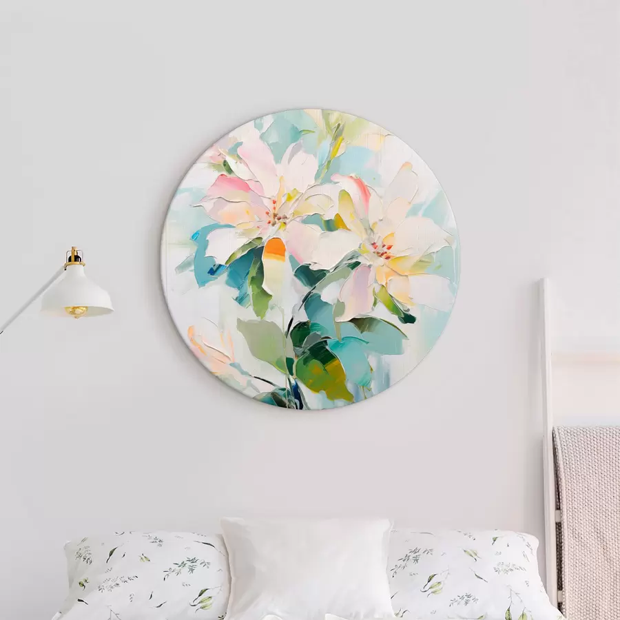 Glezna Ziedi ar krāsainiem akcentiem, zaļas lapas, mīksti triepieni ar otu, eļļas glezna imitācija, gaiši zils fons r45549