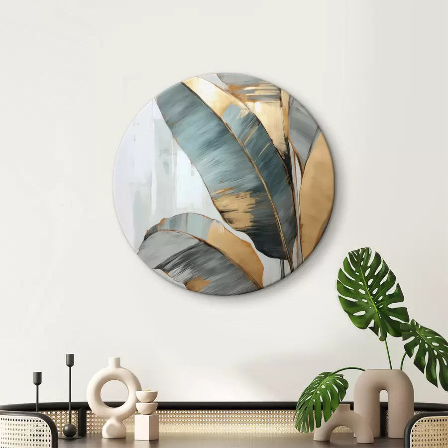 Glezna Matu zilu, pelēku un dzeltenu banānu lapu komplekts ar redzamiem triepieniem ar otu baltā abstraktā fonā r45551