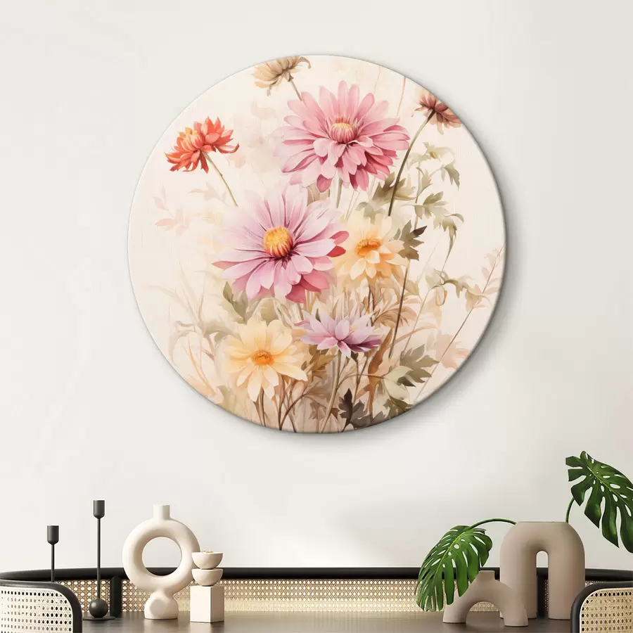 Glezna Krāsainu ziedu pušķis, mīksts akvareļu stils, uz gaiša fona, botāniska ilustrācija r45560