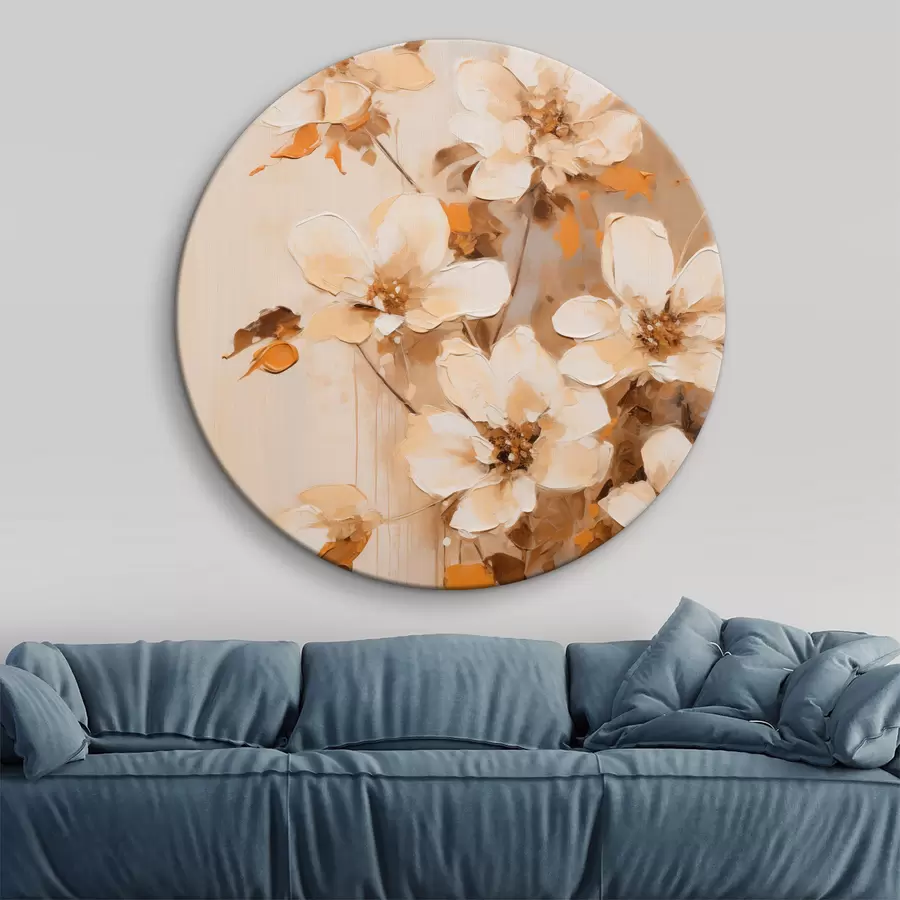 Glezna Balti ziedi ar oranžām lapām, maigi triepieni, ziedu kompozīcija, botāniskā māksla r45574