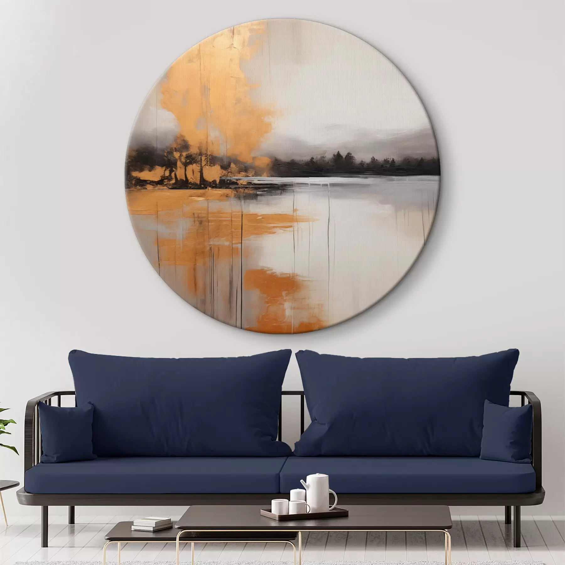 Glezna Abstrakta ainava ar ezeru, koku un dzeltenu miglu , ūdens atspoguļo un mākoņainas debesis r45575