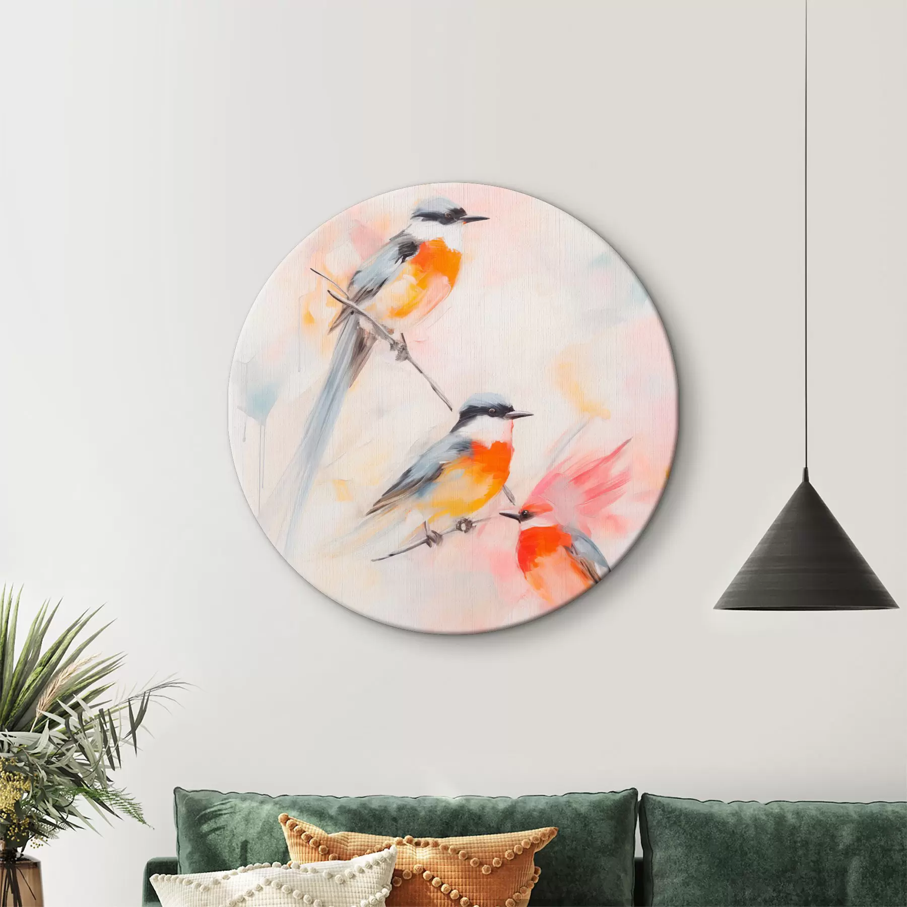 Glezna Putni, kas sēž uz zariem , maigas pasteļtoņi, gaišs fons ar rozā un baltiem toņiem r45577