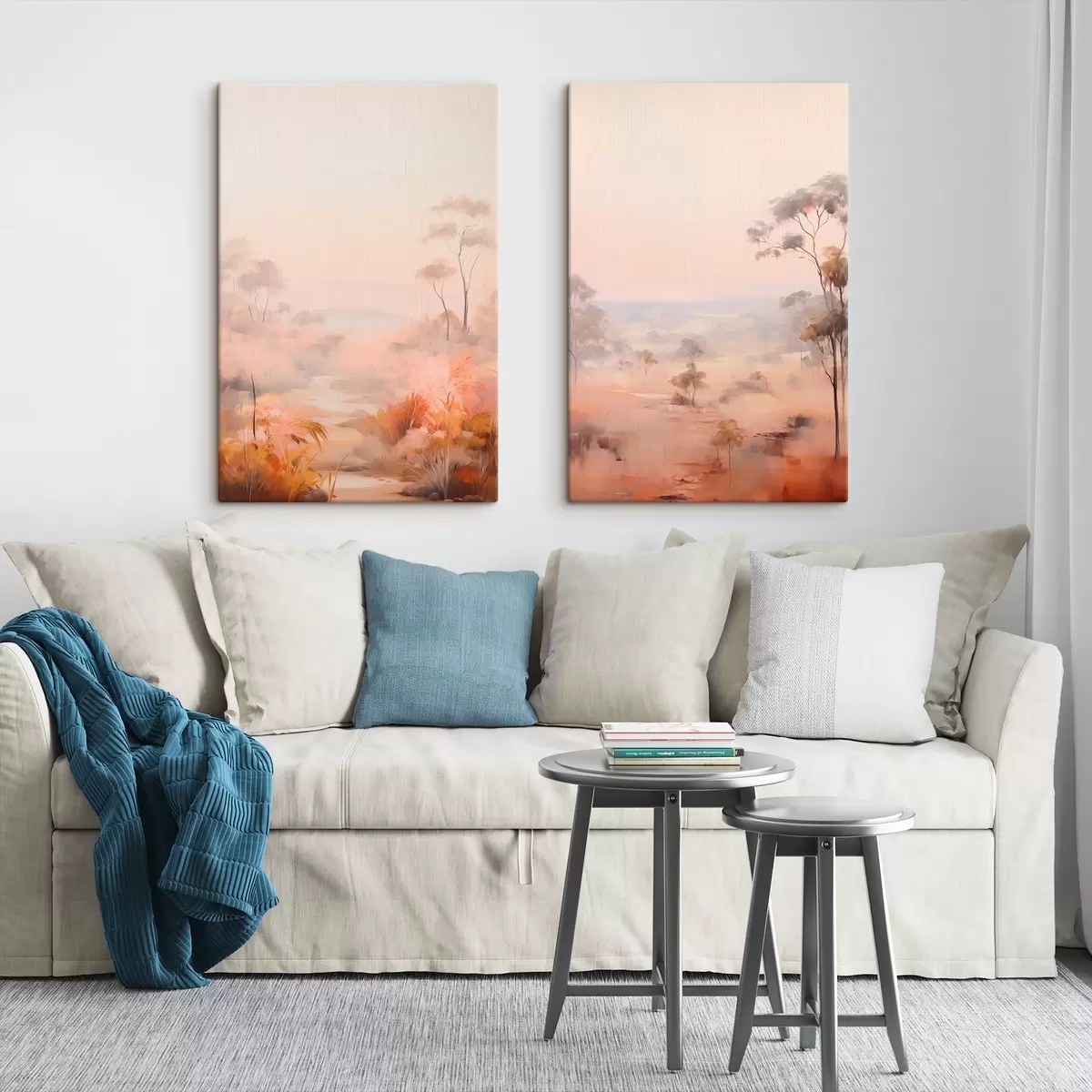 Glezna Ainava ar krūmiem un kokiem rozā, oranžā un brūnā krāsā ar kalniem fonā m00646