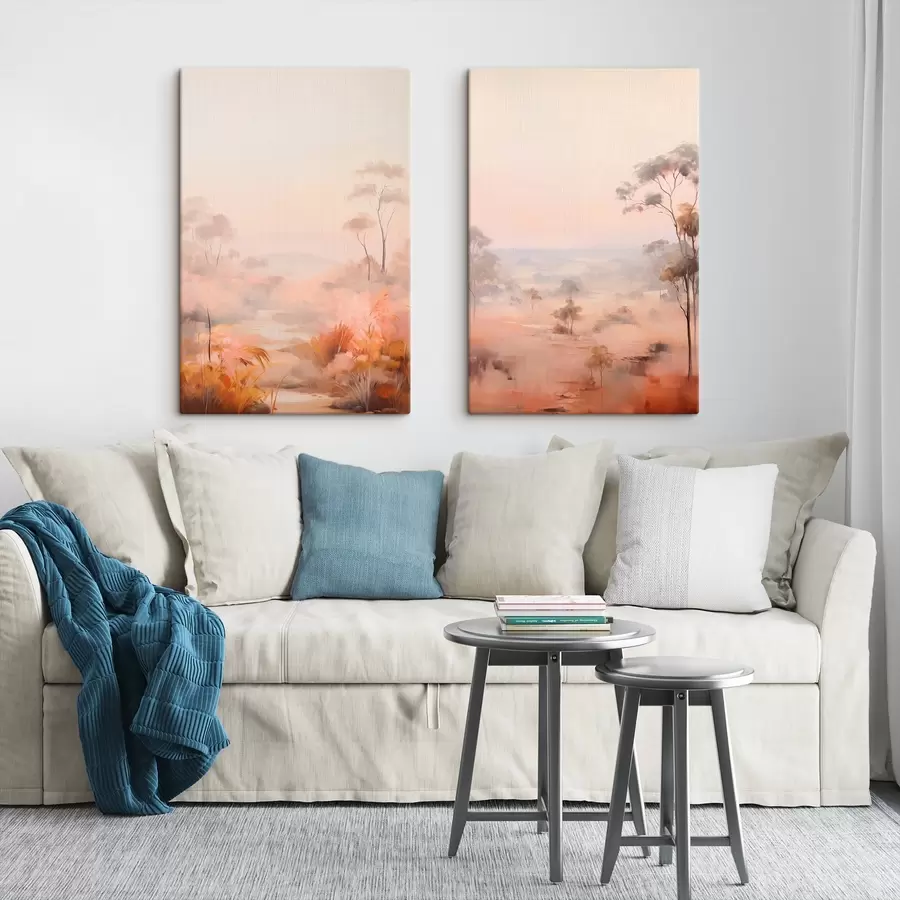 Glezna Ainava ar krūmiem un kokiem rozā, oranžā un brūnā krāsā ar kalniem fonā m00646