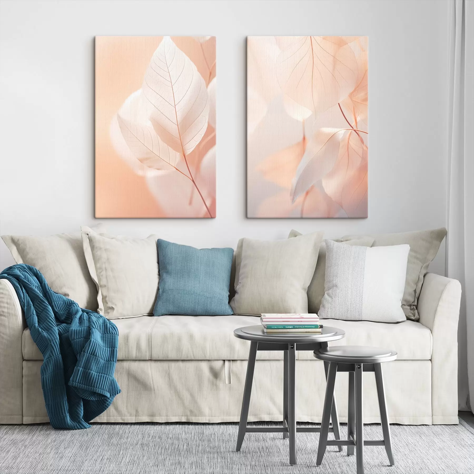 Glezna Puscaurspīdīgu lapu tuvplāns ar maigām dzīslām, maiga persiku un balta krāsu palete, neskaidrs fons m00647