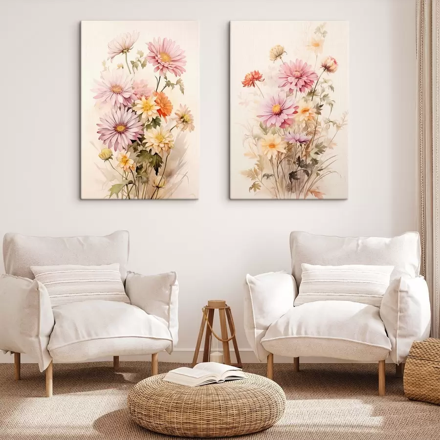 Glezna Krāsainu ziedu pušķis, mīksts akvareļu stils, uz gaiša fona, botāniska ilustrācija m00649