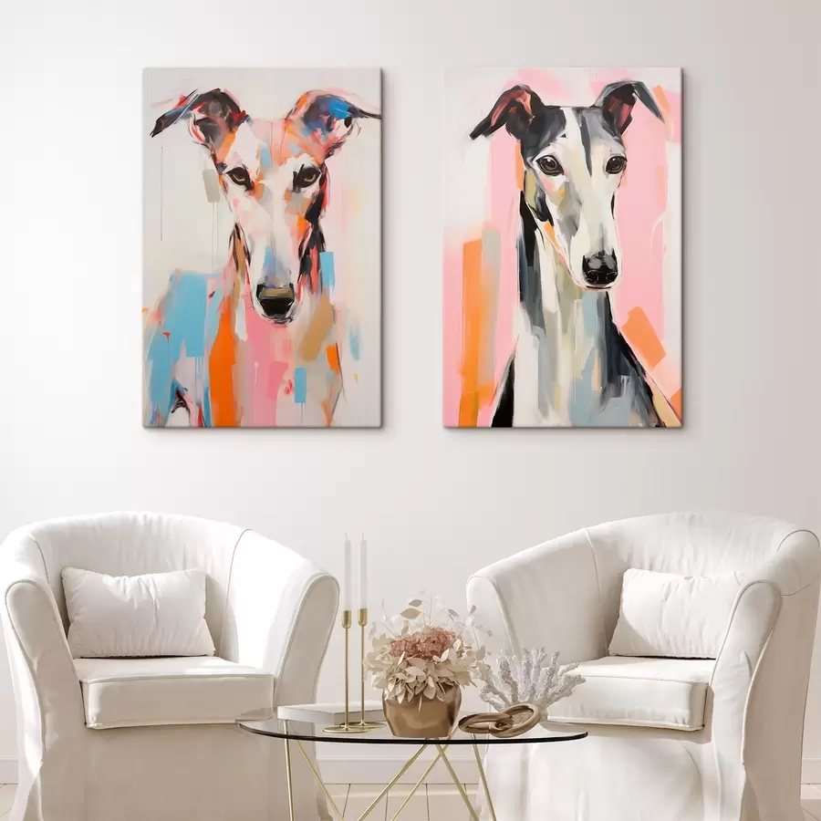 Glezna Haizivs suns, nokrāsots spilgtās krāsās, piemēram, oranžā, rozā un zilā krāsā, uz balta fona m00652