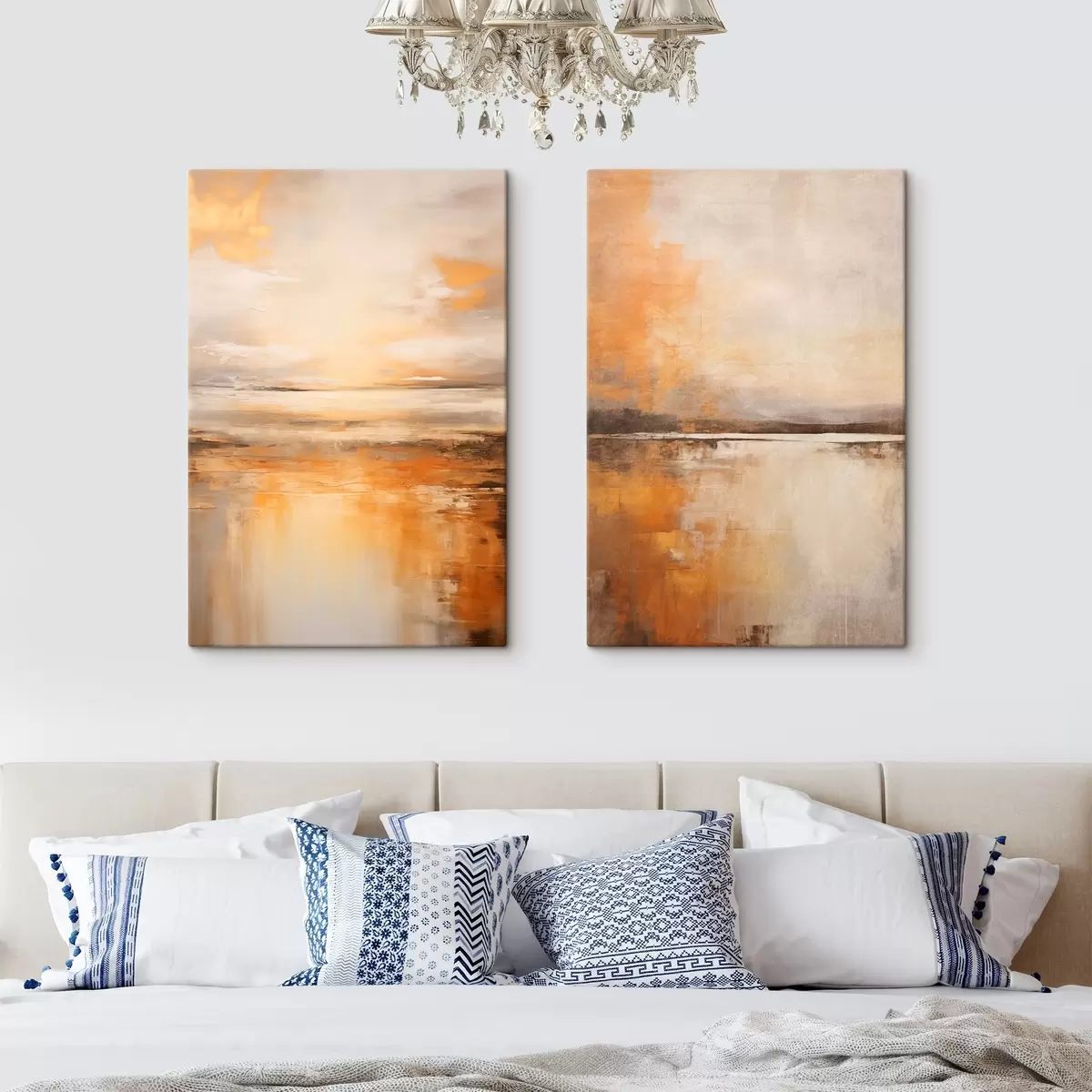 Glezna Pludmales ainavas abstrakta glezna ar mierīgu okeānu, oranžām smiltīm un apmākušām debesīm ar sauli m00653