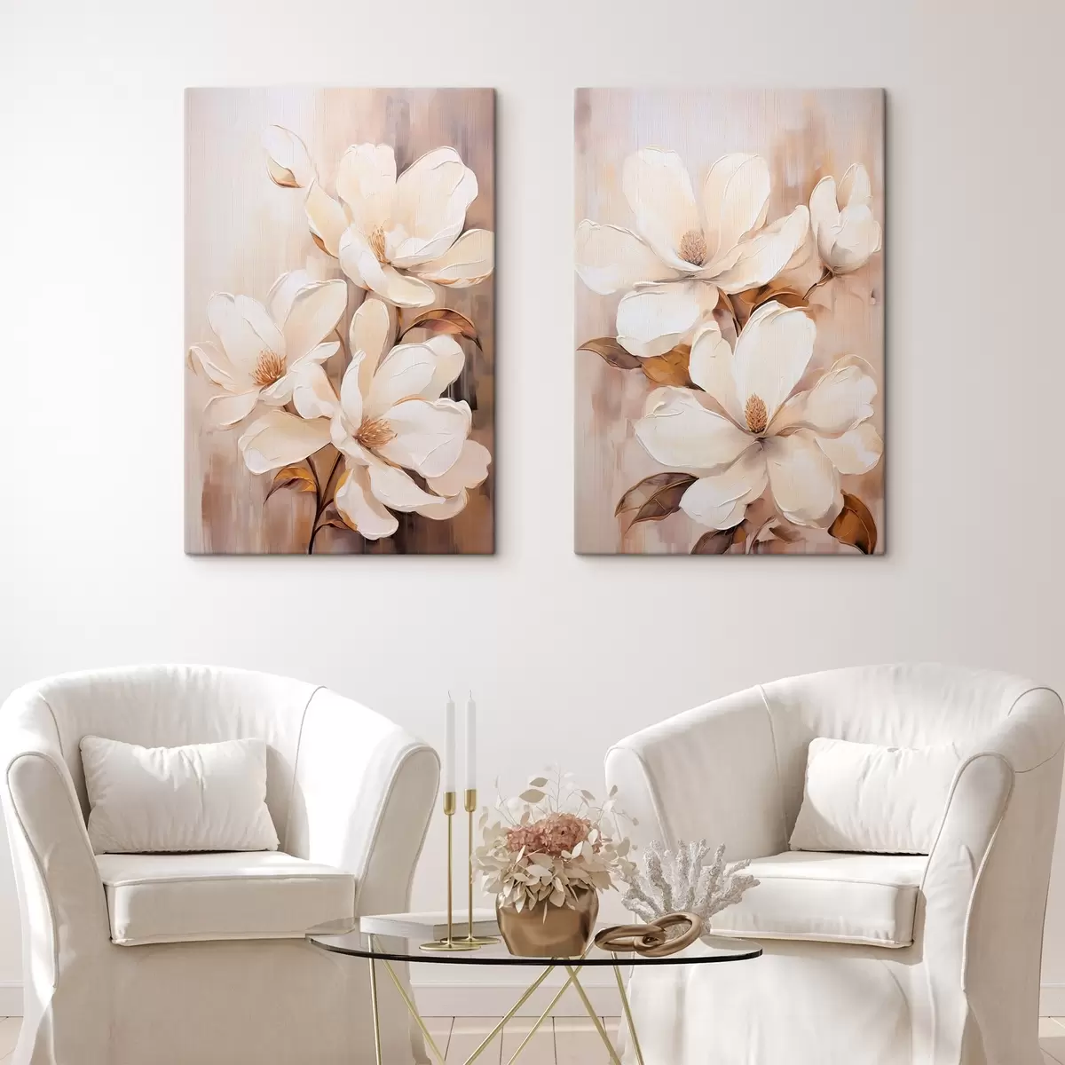 Glezna Balti magnolijas ziedi uz mīksta, izplūduša bēša un brūna toņu fona, glezniecības stilā m00655