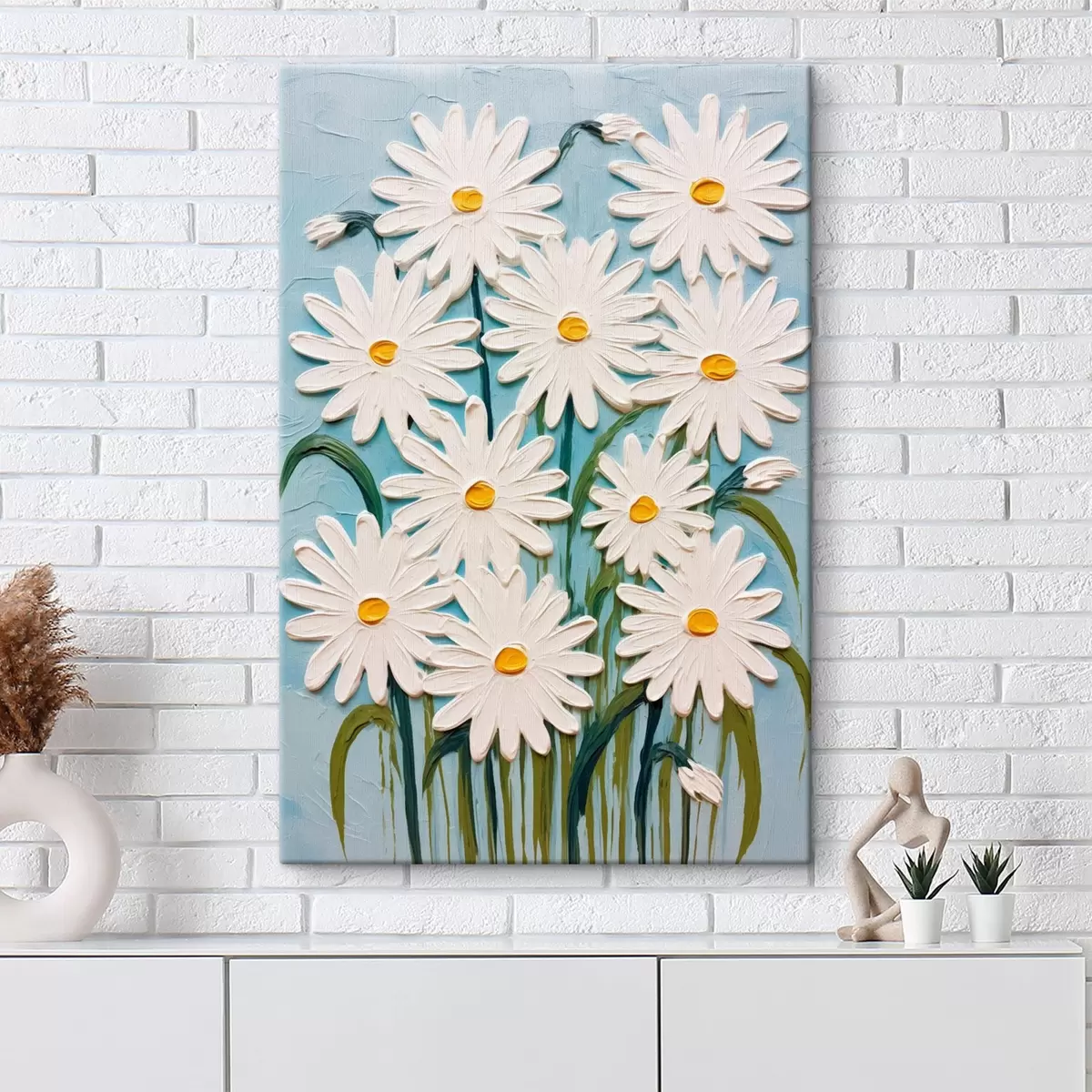 Glezna Margrietiņas reljefa glezniecības stilā: kompozīcija uz zila fona s45527