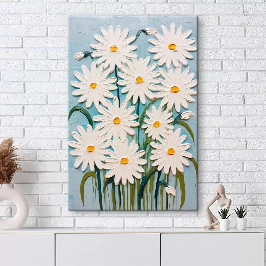 Glezna Margrietiņas reljefa glezniecības stilā: kompozīcija uz zila fona s45527