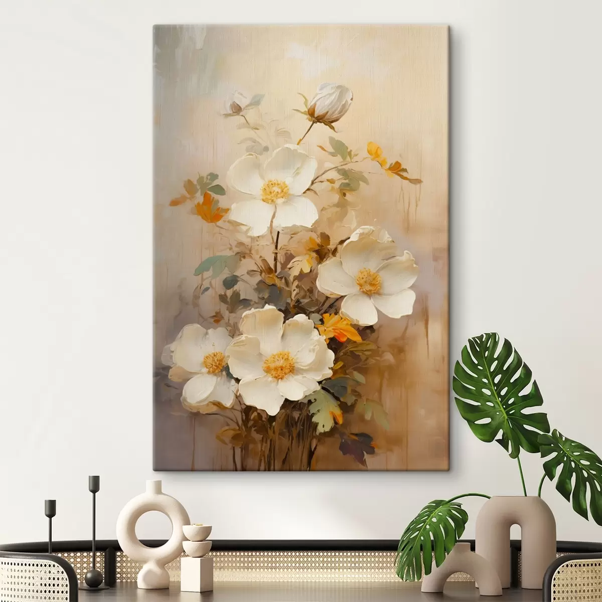 Glezna Balti ziedi: gleznieciska kompozīcija pasteļtoņos s45533