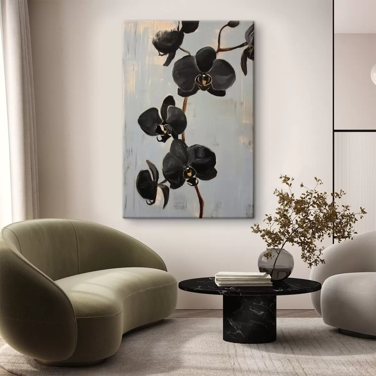 Glezna Dekoratīvās orhidejas: melni ziedi uz pelēka fona s45547