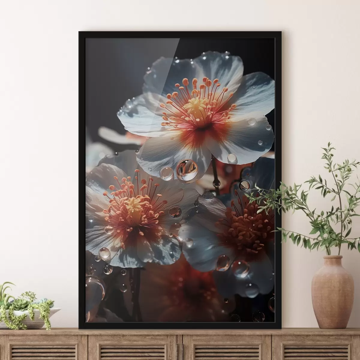 Plakāts Ziedu motīvs: ziedlapiņu skaistums ar rasu uz tumša fona f45529