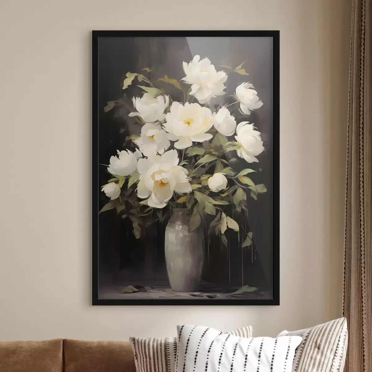 Plakāts Delikātas peonijas vāzē: ziedu kompozīcija glezniecības stilā f45532