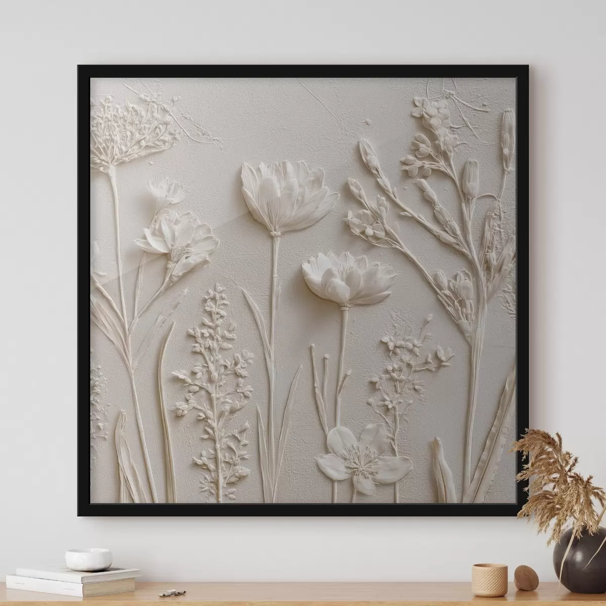 Plakāts Abstrakta kompozīcija: bareljefa stilā ar ziediem uz gaiša fona f45535