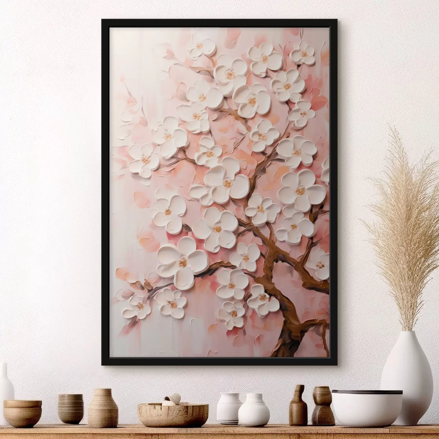 Fototapetes Ziedošs zars: reljefa kompozīcija gaiši rozā toņos f45543