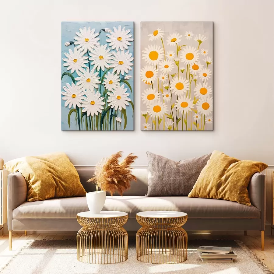 Glezna Pavasara svaigums: diptihs ar apjomīgām margrietiņām impasto stilā m00633