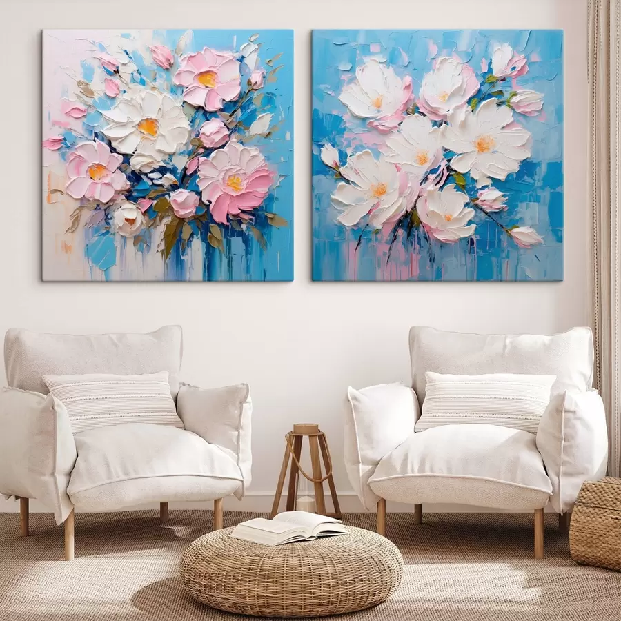 Glezna Abstraktie ziedi: dekoratīva kompozīcija rozā un zilos toņos m00643