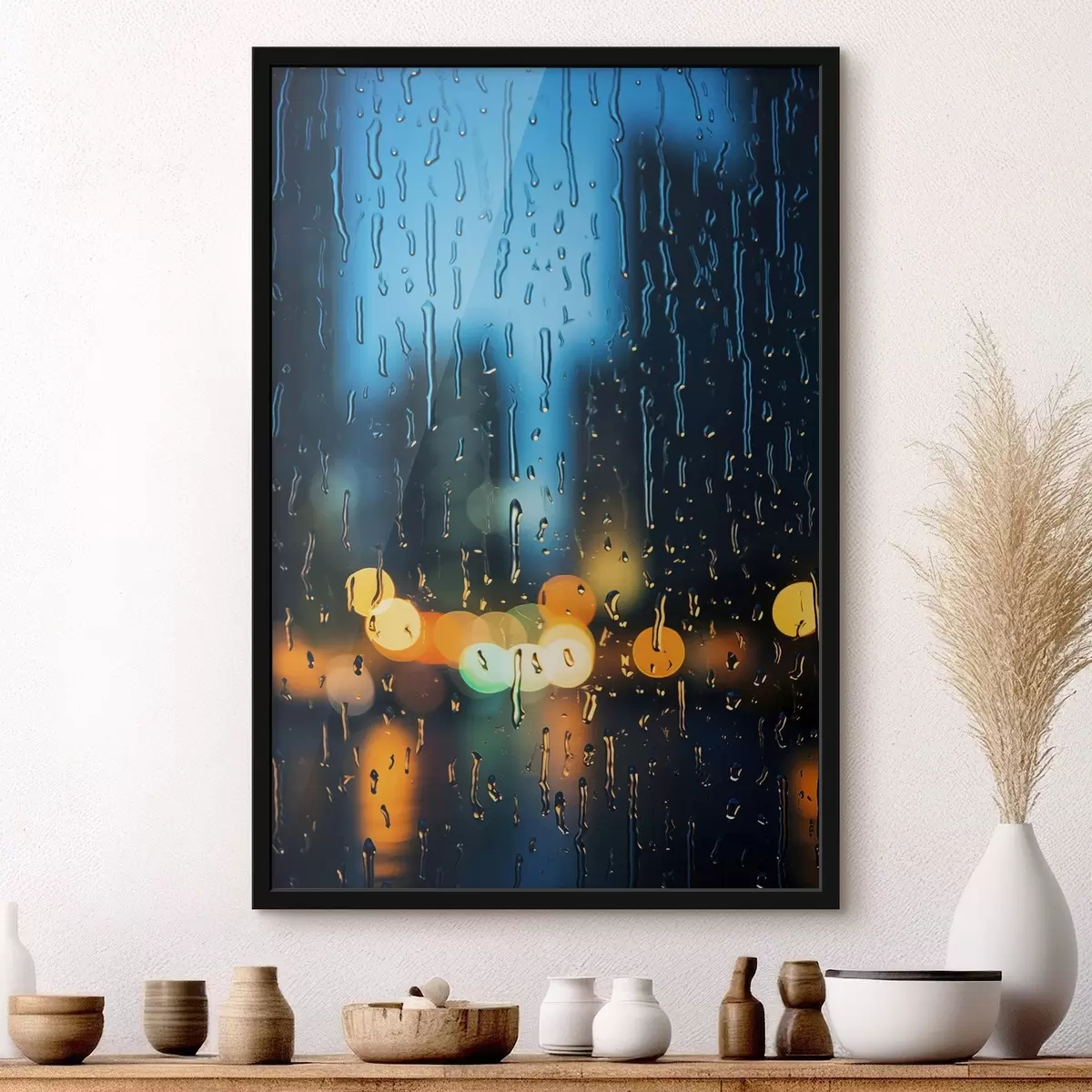 Plakāts Kafijas tasīte uz galda lietus laikā f45500