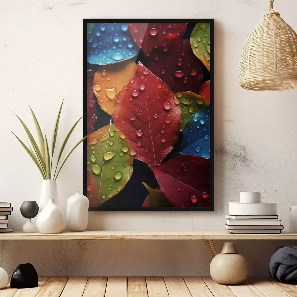 Plakāts Krāsainas lapas ar ūdens pilieniem f45516