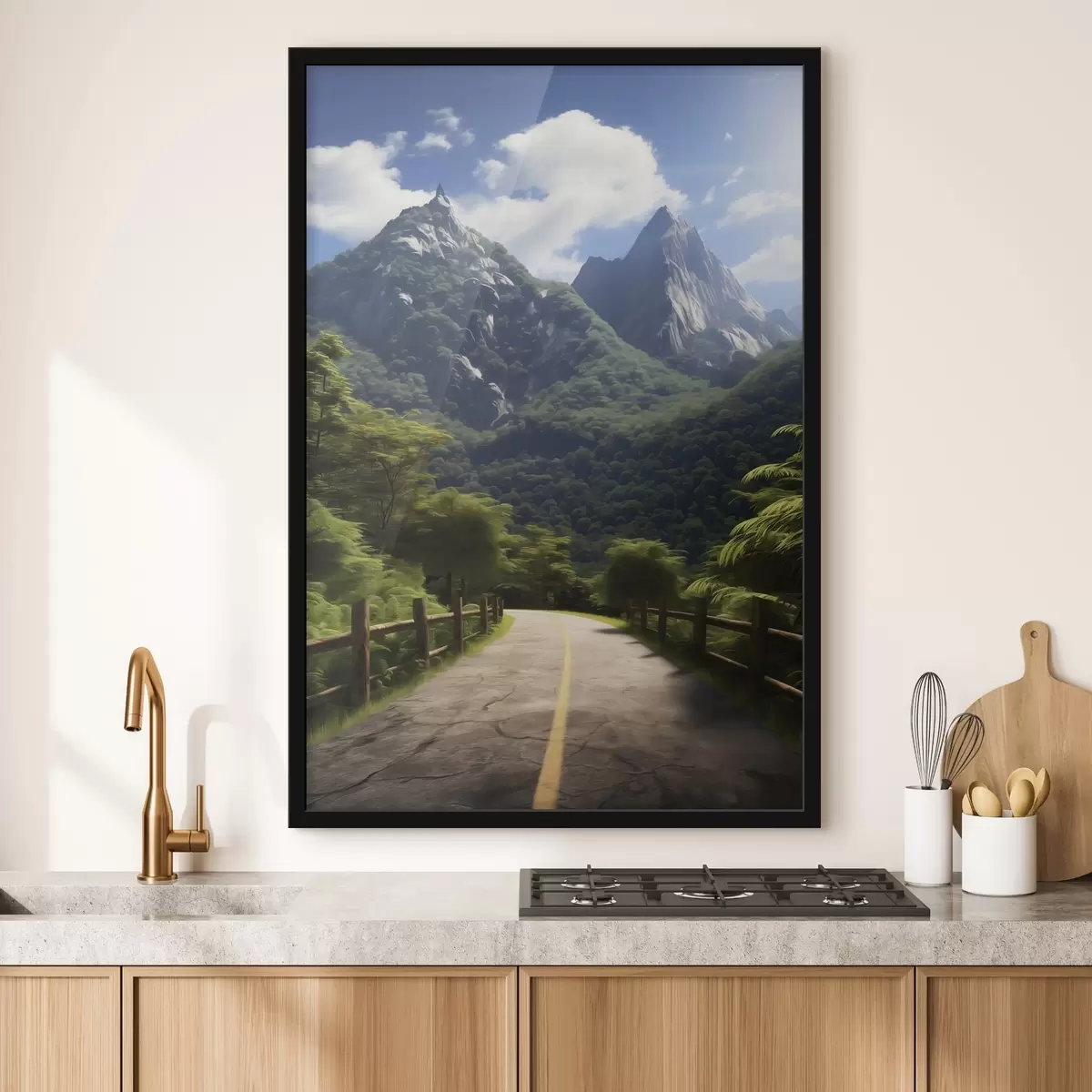 Plakāts Kalnu ceļš starp zaļiem kokiem f45525