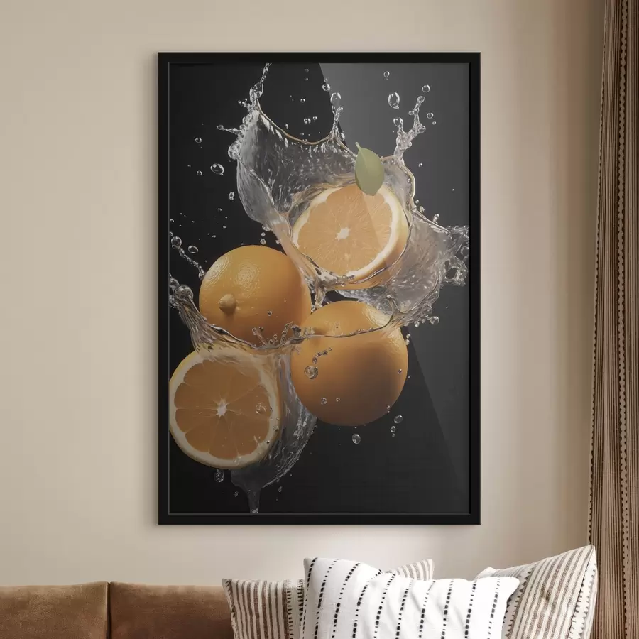 Fototapetes Sulīgi apelsīni ūdens šļakatās f45526