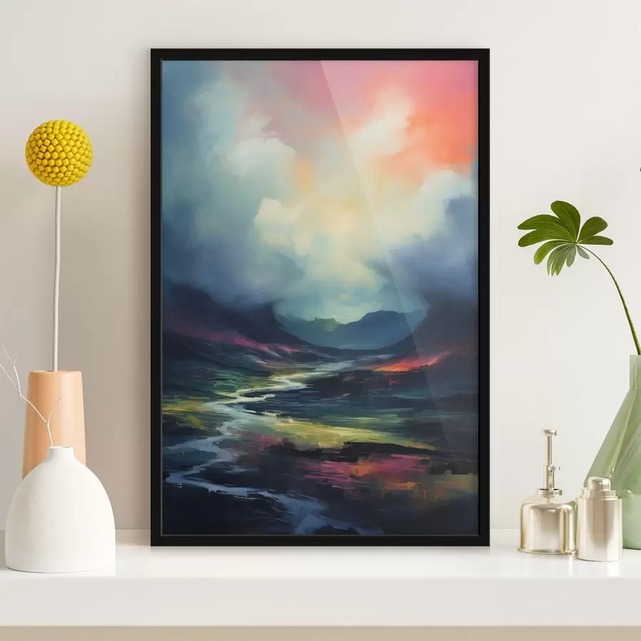 Fototapetes Abstrakta ainava ar upi un kalniem f45627