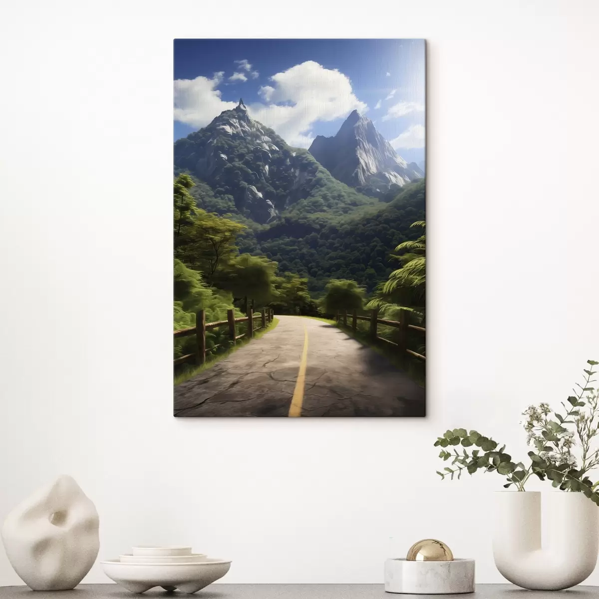 Glezna Kalnu ceļš starp zaļiem kokiem s45525