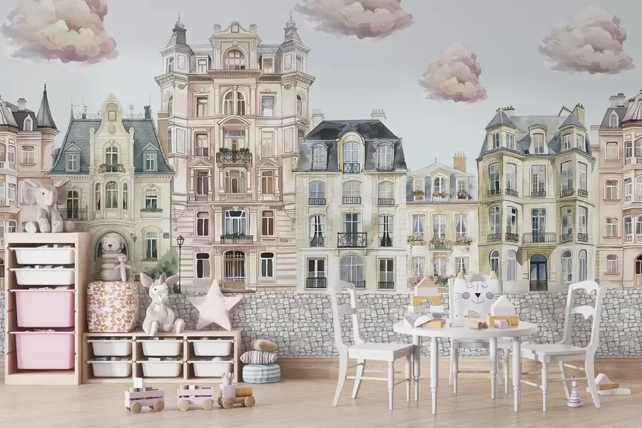 Fototapetes Krāsainas mājas, mākoņi w04474v1